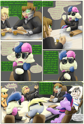 Size: 4320x6336 | Tagged: safe, artist:firefanatic, applejack, bon bon, derpy hooves, sweetie drops, twilight sparkle, cyborg, human, comic:agents of hoo-men, g4, absurd resolution, chair, comic, dialogue, fluffy, table, what is hoo-man