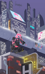 Size: 2550x4200 | Tagged: safe, artist:satv12, pinkie pie, g4, building, city, cyberpunk, female, high res, mask, mecha, solo, weapon