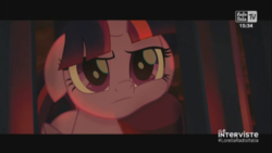 Size: 1280x720 | Tagged: safe, screencap, tempest shadow, twilight sparkle, alicorn, pony, g4, my little pony: the movie, cage, female, letterboxing, mare, radio italia tv, screencapped background, squishy cheeks, twilight sparkle (alicorn), villains touching twilight