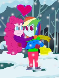 Size: 774x1032 | Tagged: safe, artist:ktd1993, pinkie pie, rainbow dash, equestria girls, g4, bridal carry, carrying, clothes, coat, female, gloves, heart, lesbian, looking at each other, ship:pinkiedash, shipping, smiling, snow, winter
