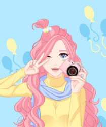 Size: 1836x2200 | Tagged: safe, artist:srtagiuu, pinkie pie, human, g4, camera, clothes, female, humanized, looking at you, nail polish, one eye closed, peace sign, smiling, solo, wink