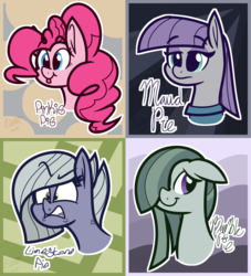 Size: 1910x2108 | Tagged: safe, artist:binkyt11, derpibooru exclusive, part of a set, limestone pie, marble pie, maud pie, pinkie pie, earth pony, pony, g4, :p, abstract background, angry, female, mare, pie sisters, sharp teeth, siblings, signature, silly, sisters, teeth, tongue out
