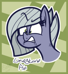 Size: 955x1054 | Tagged: safe, artist:binkyt11, derpibooru exclusive, part of a set, limestone pie, earth pony, pony, g4, abstract background, angry, female, mare, sharp teeth, signature, solo, teeth