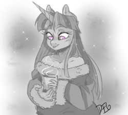 Size: 540x485 | Tagged: safe, artist:dragonfoxgirl, twilight sparkle, anthro, g4, blushing, clothes, coffee, drink, ear fluff, female, long hair, mare, monochrome, mug, off shoulder, partial color, sketch, smiling, solo, strapless, tongue out