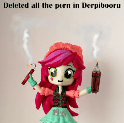 Size: 588x584 | Tagged: safe, artist:whatthehell!?, edit, roseluck, equestria girls, g4, animated, clothes, doll, dynamite, equestria girls minis, explosives, gauntlet, gif, irl, jacket, parody, photo, pure unfiltered evil, skirt, suicide bomber, toy