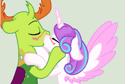 Size: 491x329 | Tagged: safe, artist:rose-moonlightowo, princess flurry heart, thorax, alicorn, changedling, changeling, pony, g4, base used, blushing, duo, female, king thorax, kiss on the lips, kissing, male, mare, older, older flurry heart, ship:flurrax, shipping, simple background, stallion, straight