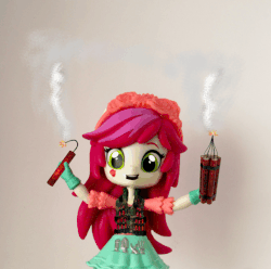 Size: 588x584 | Tagged: safe, artist:whatthehell!?, edit, roseluck, equestria girls, g4, animated, clothes, doll, dynamite, equestria girls minis, eqventures of the minis, explosives, flower, flower in hair, gauntlet, gif, irl, jacket, photo, skirt, suicide bomber, toy