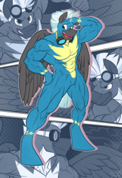 Size: 873x1270 | Tagged: safe, artist:ponyanony, thunderlane, anthro, unguligrade anthro, g4, bodysuit, clothes, goggles, male, muscles, skintight clothes, solo, uniform, wonderbolts uniform, zoom layer