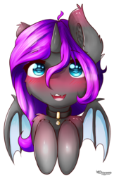 Size: 555x856 | Tagged: safe, artist:kourma, oc, oc only, alicorn, bat pony, pony, alicorn oc, blushing, bust, collar, cute, ear fluff, female, fluffy, looking at you, open mouth, simple background, smiling, solo, transparent background, ych result