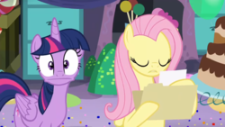 Size: 1600x900 | Tagged: safe, screencap, fluttershy, twilight sparkle, alicorn, pegasus, pony, g4, party pooped, :|, balloon, cake, confetti, eyes closed, faic, female, file, food, hoof hold, looking at you, mare, party cave, reading, they're just so cheesy, twilight sparkle (alicorn)