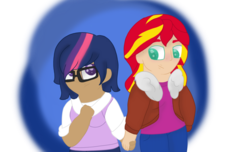 Size: 1024x621 | Tagged: safe, artist:bluememe, sci-twi, sunset shimmer, twilight sparkle, equestria girls, g4, alternate clothes, alternate hairstyle, female, height difference, holding hands, human coloration, lesbian, looking at each other, older, ship:sci-twishimmer, ship:sunsetsparkle, shipping