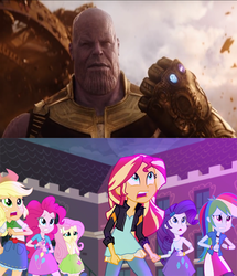 Size: 660x768 | Tagged: safe, screencap, applejack, fluttershy, pinkie pie, rainbow dash, rarity, sunset shimmer, twilight sparkle, equestria girls, g4, my little pony equestria girls: friendship games, avengers, avengers: infinity war, balancing, canterlot high, comparison, crossover, humane five, humane seven, humane six, image macro, infinity gauntlet, marvel, marvel cinematic universe, meme, now you fucked up, power gem, power stone, space gem, spoiler, thanos, this will end in death, this will end in pain, this will end in tears, this will end in tears and/or death, this will end with half the world getting disintegrated, this will not end well