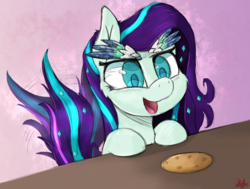 Size: 1668x1264 | Tagged: safe, artist:ruby dusk, coloratura, earth pony, pony, g4, cookie, female, food, leaning, mare, open mouth, simple background, smiling, solo, table