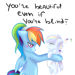 Size: 1000x1000 | Tagged: safe, artist:morries123, rainbow dash, oc, oc:shade, pony, g4, alternate hairstyle, baby, baby pony, blind, diaper, female, filly, holding a pony, mother and daughter, offspring, parent:rainbow dash, parent:soarin', parents:soarindash, simple background, transparent background