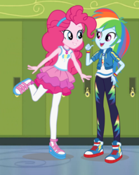 Size: 1072x1352 | Tagged: safe, artist:favoriteartman, artist:seahawk270, artist:themexicanpunisher, pinkie pie, rainbow dash, equestria girls, g4, my little pony equestria girls: better together, canterlot high, clothes, converse, female, hallway, lockers, open mouth, pants, raised leg, shoes