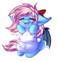 Size: 3116x3304 | Tagged: safe, artist:gicme, oc, oc only, oc:moon ribbon, bat pony, pony, seal, bat pony oc, bow, cute, eyes closed, fangs, floppy ears, heart, high res, offspring, parent:oc:moonshot, parent:oc:sweet cakes, parents:oc x oc, parents:sweetshot, plushie, simple background, solo, transparent background