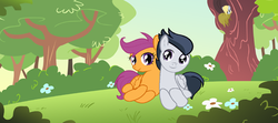 Size: 400x178 | Tagged: safe, artist:rose-moonlightowo, derpy hooves, rumble, scootaloo, pony, g4, blushing, bush, cute, cutealoo, duo, duo male and female, female, filly, flower, foal, folded wings, grass, looking at you, lying down, male, outdoors, prone, rumblebetes, shiny eyes, ship:rumbloo, shipping, sky, smiling, smiling at you, spying, stalker, stalking, straight, tree, wings