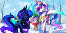 Size: 3464x1732 | Tagged: dead source, safe, artist:wilvarin-liadon, princess celestia, princess luna, spike, alicorn, dragon, pony, g4, blushing, carrot, clothes, crown, cute, ear fluff, eyes closed, female, food, gem, glowing horn, horn, jewelry, laughing, levitation, looking away, magic, mare, open mouth, raised hoof, regalia, royal sisters, scarf, smiling, snow, snowfall, snowman, sweet dreams fuel, telekinesis, unamused, wallpaper, wings