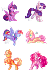 Size: 2003x2993 | Tagged: safe, artist:prettyshinegp, applejack, fluttershy, pinkie pie, rainbow dash, rarity, twilight sparkle, alicorn, butterfly, pony, g4, backwards cutie mark, bipedal, book, female, flying, high res, looking at you, lying down, mane six, mare, one eye closed, prone, simple background, sitting, smiling, spread wings, transparent background, twilight sparkle (alicorn), wings