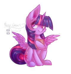 Size: 1332x1379 | Tagged: safe, artist:prettyshinegp, twilight sparkle, alicorn, pony, g4, book, chibi, female, mare, simple background, sitting, smiling, solo, spread wings, transparent background, twilight sparkle (alicorn), wings