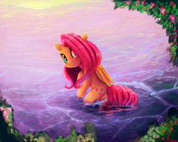 Size: 2500x2000 | Tagged: safe, artist:miokomata, fluttershy, pegasus, pony, g4, butt, female, flower, high res, looking at you, looking back, mare, plot, signature, solo, water