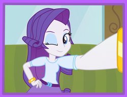 Size: 1022x781 | Tagged: safe, artist:tabrony23, rarity, equestria girls, g4, bracelet, clothes, female, jewelry, one eye closed, selfie, show accurate, skirt, solo, wink