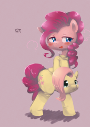 Size: 2315x3274 | Tagged: safe, artist:yajima, fluttershy, pinkie pie, earth pony, pony, semi-anthro, g4, bipedal, blushing, clothes, costume, female, fluttershy suit, fursuit, high res, lidded eyes, mask, masking, open mouth, pink background, pony costume, ponysuit, simple background, solo, sweat, unmasked