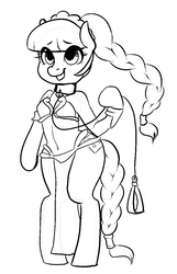 Size: 772x1200 | Tagged: safe, artist:whale, oc, oc only, oc:blocky bits, earth pony, semi-anthro, belly button, braid, braided tail, collar, female, leash, lineart, mare, monochrome, pixel art, simple background, slave leia outfit, solo, star wars, white background