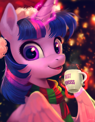 Size: 1699x2165 | Tagged: safe, artist:imalou, twilight sparkle, alicorn, pony, g4, best princess, bust, candy, candy cane, christmas, clothes, cute, ear fluff, female, fluffy, food, glowing horn, hat, holiday, horn, levitation, looking at you, magic, mare, mug, open mouth, santa hat, scarf, smiling, solo, spread wings, telekinesis, twiabetes, twilight sparkle (alicorn), wings, winter
