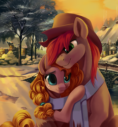 Size: 2008x2160 | Tagged: safe, artist:taneysha, bright mac, pear butter, earth pony, pony, g4, the perfect pear, applejack's parents, bridge, chimney, clothes, cloud, cowboy hat, female, freckles, hair tie, hat, high res, hug, male, mare, mother and father, scarf, shared scarf, sky, smiling, smoke, snow, stallion, tree, water, winter