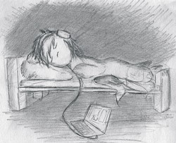 Size: 5187x4220 | Tagged: safe, artist:geljado, oc, oc only, absurd resolution, bed, computer, concept, concept art, conceptional art, female, headphones, laptop computer, listening, monochrome, sketch, sleeping, solo, traditional art