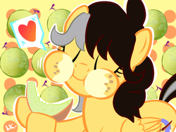 Size: 1024x768 | Tagged: safe, artist:kumikoponylk, derpibooru exclusive, oc, oc only, oc:petal eclipse, cheek bulge, eyes closed, food, freckles, heart, melon, nom, pictogram