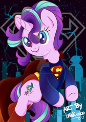 Size: 1024x1453 | Tagged: safe, artist:kumikoponylk, starlight glimmer, pony, unicorn, g4, cape, clothes, cute, female, glimmerbetes, male, solo, superman, town, watermark