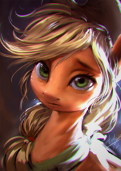 Size: 680x960 | Tagged: safe, artist:assasinmonkey, applejack, earth pony, pony, g4, applejack's hat, bandana, chromatic aberration, clothes, cowboy hat, digital painting, female, freckles, green eyes, hat, looking at you, mare, signature, solo, stetson