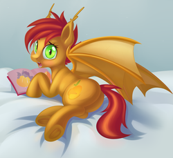Size: 3000x2747 | Tagged: safe, artist:anti1mozg, artist:d4ashwill, oc, oc only, oc:mango slice, bat pony, fruit bat, bed, book, butt, high res, plot, reading, spread wings, surprised, surprised face, wings