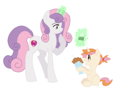 Size: 2900x2000 | Tagged: safe, artist:kianamai, artist:smileverse, sweetie belle, oc, oc:pixel bit, pony, unicorn, kilalaverse, g4, cute, female, filly, high res, magic, milkshake, mother and daughter, next generation, offspring, parent:button mash, parent:sweetie belle, parents:sweetiemash, simple background, smoothie, transparent background