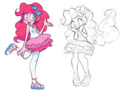 Size: 2136x1591 | Tagged: safe, artist:xenon, pinkie pie, equestria girls, equestria girls series, bow, clothes, cute, diapinkes, female, open mouth, pantyhose, ponied up, raised leg, sandals, shoes, simple background, skirt, smiling, solo, white background