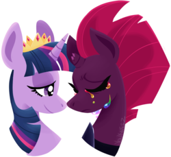 Size: 758x693 | Tagged: safe, artist:youkneez, fizzlepop berrytwist, tempest shadow, twilight sparkle, alicorn, pony, g4, my little pony: the movie, crown, crying, duo, female, lesbian, rainbow tear, ship:tempestlight, shipping, simple background, song reference, transparent background, twilight sparkle (alicorn)