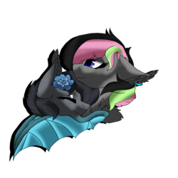 Size: 2560x2560 | Tagged: safe, artist:brokensilence, oc, oc only, oc:seachell, oc:skrits, bat pony, bat pony oc, comforting, eyeshadow, flower, flower in hair, gift art, high res, hug, makeup