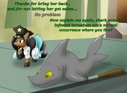 Size: 4367x3200 | Tagged: safe, oc, oc:matilda, oc:sister ciel, shark, ask a white shark, ask-a-whiteshark, baseball bat, clothes, context is for the weak, nun pony, police pony, wat