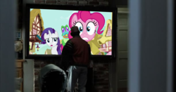 Size: 1224x640 | Tagged: safe, gummy, pinkie pie, rarity, human, g4, the one where pinkie pie knows, back to the future, back to the future part 2, marty mcfly jr., television