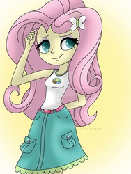Size: 1024x1365 | Tagged: safe, artist:lavenderrain24, fluttershy, equestria girls, g4, my little pony equestria girls: legend of everfree, belt, camp everfree outfits, clothes, female, hand behind back, skirt, sleeveless, smiling, solo, tank top, watermark