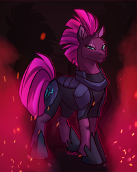 Size: 881x1102 | Tagged: safe, artist:renufur, tempest shadow, pony, unicorn, g4, my little pony: the movie, armor, broken horn, eye scar, female, horn, looking at you, mare, mohawk, no more ponies at source, scar, solo