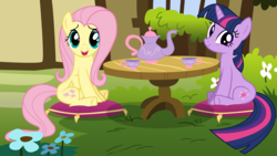 Size: 4100x2307 | Tagged: safe, artist:tomfraggle, fluttershy, twilight sparkle, pegasus, pony, unicorn, g4, stare master, cup, female, looking at you, mare, pillow, sitting, smiling, table, teacup