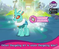 Size: 940x788 | Tagged: safe, gameloft, cornicle, starlight glimmer, trixie, changedling, changeling, g4, to change a changeling, apple, changeling actor, food, google, ruff (clothing)