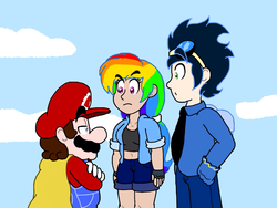 Size: 2048x1536 | Tagged: safe, artist:zer0cute, rainbow dash, soarin', human, g4, cape, clothes, crossover, humanized, male, mario, super mario