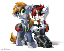 Size: 1080x864 | Tagged: safe, artist:kaliner123, oc, oc only, oc:blackjack, oc:littlepip, cyborg, pony, unicorn, fallout equestria, fallout equestria: project horizons, blushing, chest fluff, clothes, ear fluff, fanfic, fanfic art, female, hooves, horn, jumpsuit, lesbian, mare, oc x oc, pipbuck, prosthetics, raised hoof, scrunchy face, shipping, simple background, transparent background, vault suit