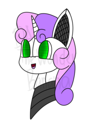 Size: 1000x1414 | Tagged: safe, artist:vinylmelody, sweetie belle, pony, robot, robot pony, unicorn, g4, bust, female, filly, foal, horn, open mouth, portrait, simple background, solo, sweetie bot, transparent background, watermark