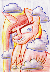 Size: 895x1280 | Tagged: safe, artist:shoeunit, princess cadance, alicorn, pony, g4, angry, cloud, colored pencil drawing, female, mare, solo, traditional art