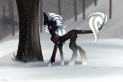 Size: 1500x1000 | Tagged: safe, artist:hyshyy, oc, oc only, oc:hyshy, pony, unicorn, clothes, female, mare, scarf, solo, tree